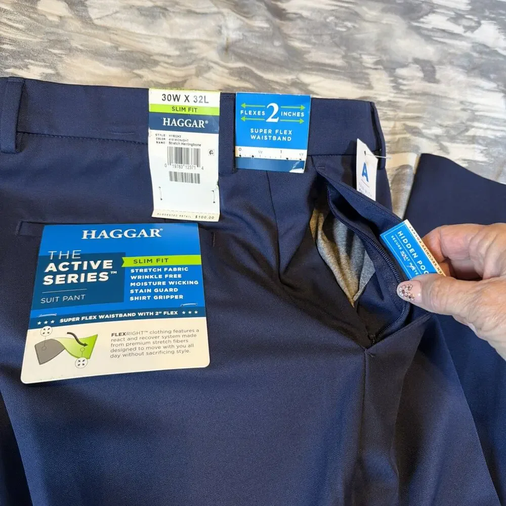Haggar Men’s New The Active Series Flex Suit Pants 30 x 32 Slim Fit 419 Midnight